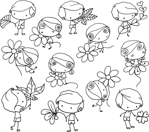Vektor Cartoon Junge Und Mädchen Mit Blumen Und Blatt Set — Stockvektor
