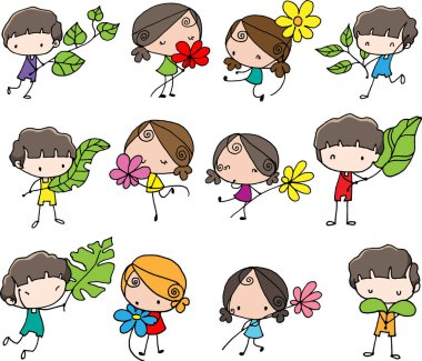 vektör karikatür oğlan ve kız ellerinde çiçekler ve yaprak olan sınır çerçevesi arkaplanı