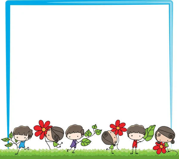 Vector Cartoon Boy Girl Holding Flowers Leaf Set Border Frame — Stock Vector