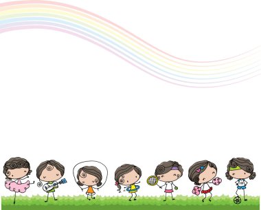 Gitar, tenis, hula hoop, ip atlama, kaykay, ponpon kız, dans, futbolcu kız karikatür karesi çerçeve çerçevesi