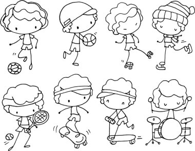 Vektör illüstrasyonlu çizgi film çocuğu müzik aletleri, makara, tenis, basketbol, futbol, paten, scooter serisi çalıyor.