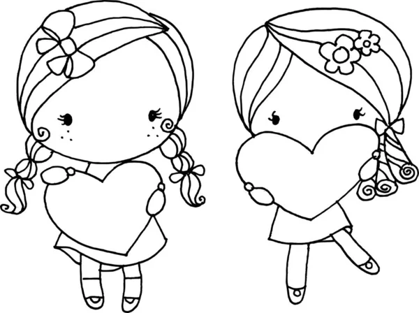 Desenho Animado Vetor Duas Meninas Segurar Formas Coração Amor —  Vetores de Stock