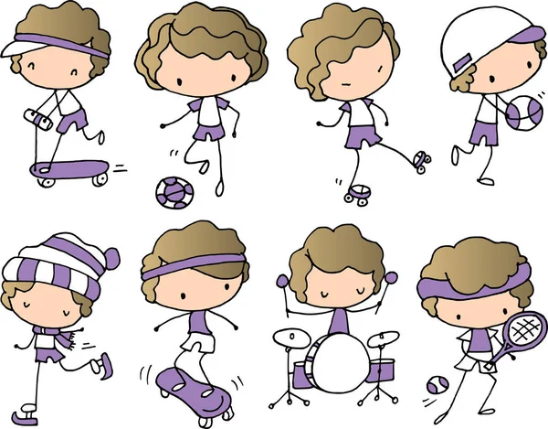 Vector Illustratie Cartoon Jongen Spelen Muziekinstrumenten Katrol Tennis Basketbal Voetbal — Stockvector