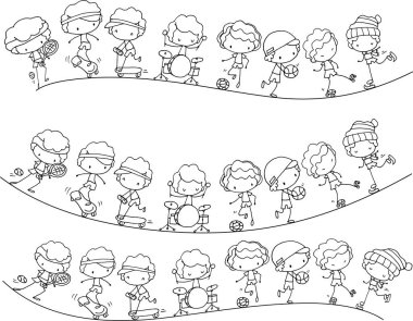 Vektör illüstrasyonlu çizgi film çocuğu müzik aletleri, makara, tenis, basketbol, futbol, paten, scooter serisi sınır kartı arka planı