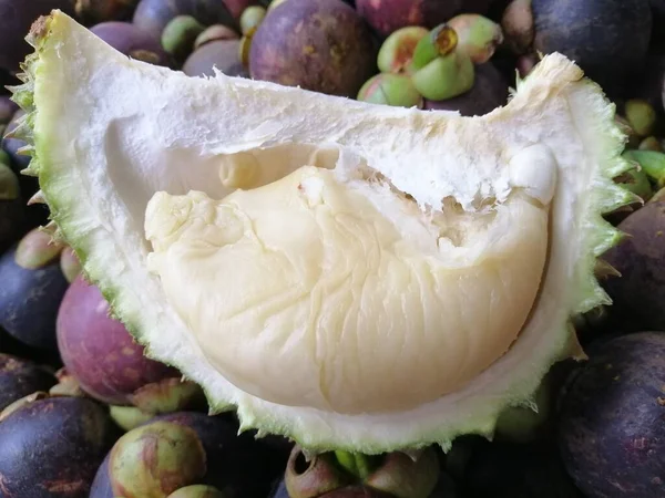 Καρποί Που Ανοίγουν Durian Και Mangosteen — Φωτογραφία Αρχείου