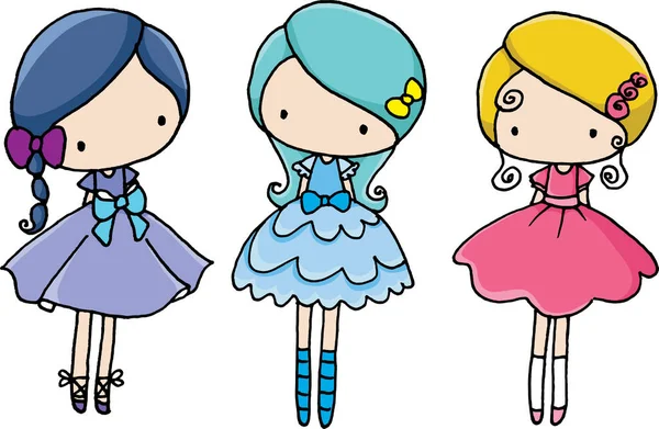 Vector Cartoon Three Girls Standing Whole Body — Vettoriale Stock