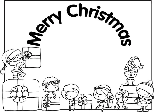 Illustrazione Vettoriale Natale Cartoni Animati Bambini Sfondo Cornice Regalo — Vettoriale Stock