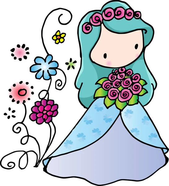 Vetor Cartoon Beleza Menina Com Flores Amor —  Vetores de Stock