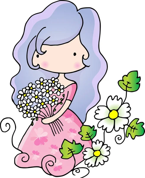 Vector Cartoon Schoonheid Meisje Met Bloemen Liefde — Stockvector