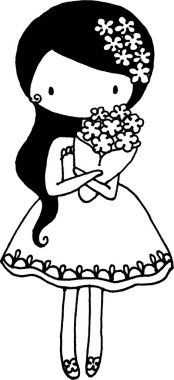 vektör çizgi filmi Uzun saçlı kız çiçekleri tut