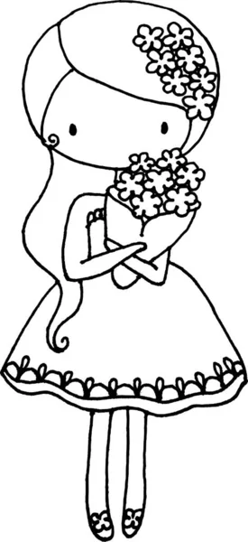 Vektor Cartoon Lange Haare Mädchen Halten Blumen — Stockvektor