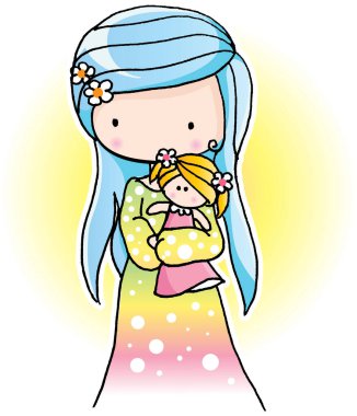 vektör karikatürü oyuncak bebeği olan güzel kız.