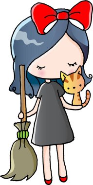 Kedi yavrusu olan vektör karikatür kızı cadı.