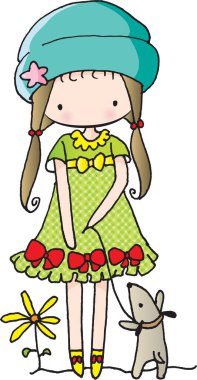 Yavru köpeği olan vektör karikatür kızı.