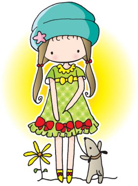 Yavru köpeği olan vektör karikatür kızı.