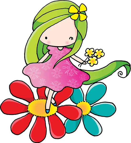 Vetor Cartoon Menina Grande Jardim Flores —  Vetores de Stock