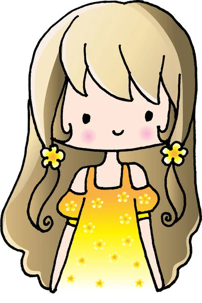 Vecteur Dessin Animé Fille Mignonne Avec Marguerite Robe Jaune — Image vectorielle