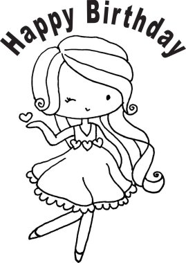 Vektör illüstrasyonu şirin çizgi film kızı doğum günü kartı