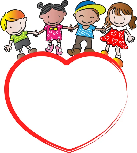 Дети, стоящие на форме сердца — стоковое фото