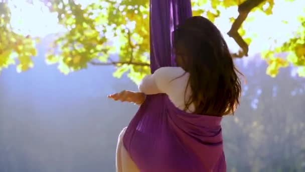 Güzel Atletik Genç Kadın Doğadaki Hamakta Hava Yogası Yapıyor Parkta — Stok video