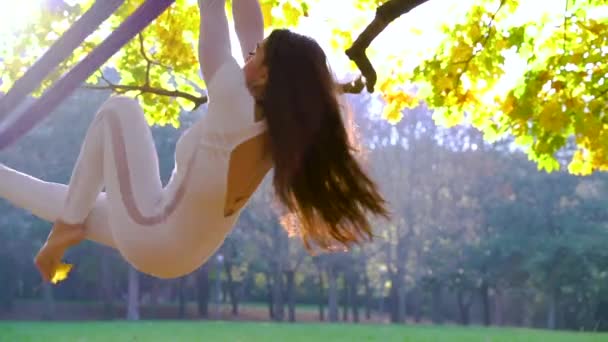 自然の中でハンモックで空気ヨガをやって美しい運動若い女性 公園で複雑なアクロバティックな演習 フィット女の子は空気中でポーズを変更します 太陽の下で練習し — ストック動画