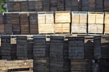 Ahşap kutuları birlikte yığılmış. Depo boş ahşap kutuları.