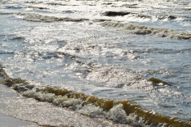 Azak Denizi kıyısında. Deniz yaz aylarında plaj. Akşam saat.