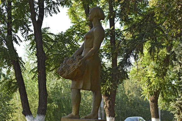 Estátua Mulheres Coletando Uvas Estátua Marrom Sombra Árvores Acácia — Fotografia de Stock