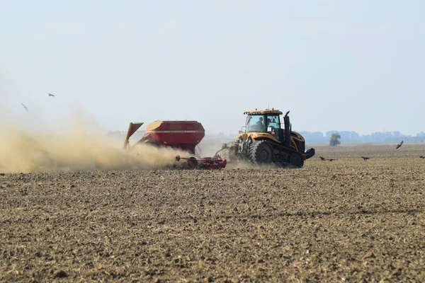 Traktor rider på fältet och gör gödselmedlet i marken. Gödselmedel efter plöjning fältet. — Stockfoto