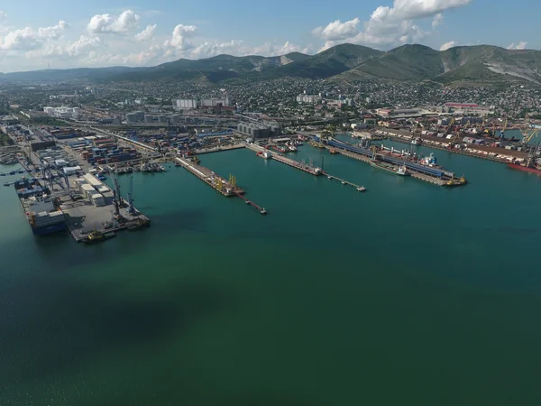 Puerto Marítimo Industrial Vista Superior Grúas Portuarias Buques Carga Barcazas — Foto de Stock