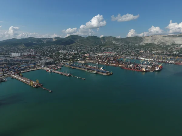 Puerto Marítimo Industrial Vista Superior Grúas Portuarias Buques Carga Barcazas — Foto de Stock