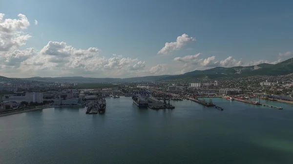 Industrial Seaport Top View Port Cranes Cargo Ships Barges Loading — Stock Photo, Image