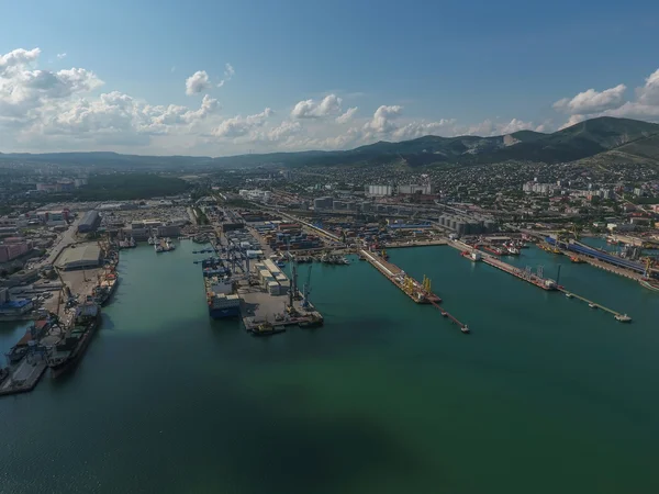 Industriehafen Draufsicht Hafenkräne Sowie Frachtschiffe Und Lastkähne Und Verladung Der — Stockfoto