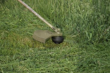 Balık tutma çizgi düzeltici kullanarak yeşil çim biçme. Uygulama & bıyık kesme makineleri.