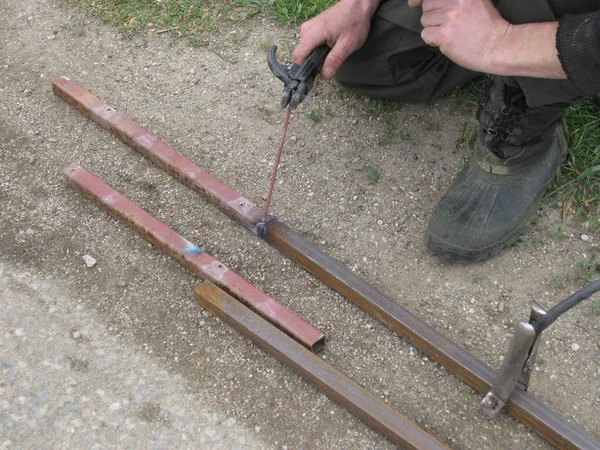 Lassen Van Stalen Vierkante Buis Elektrisch Lassen Het Gebruik Van — Stockfoto