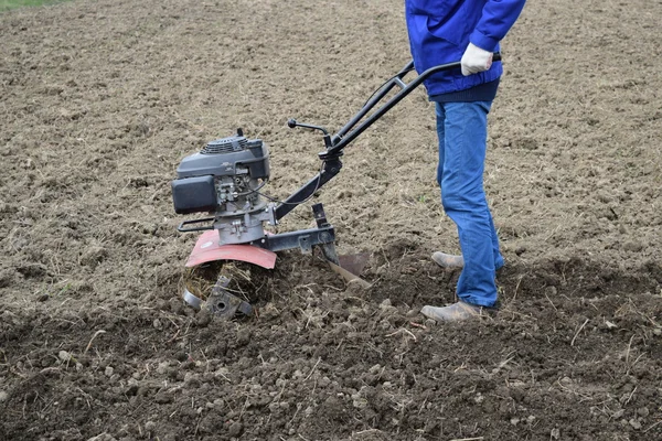 Planten van aardappelen onder de gang-achter trekker — Stockfoto