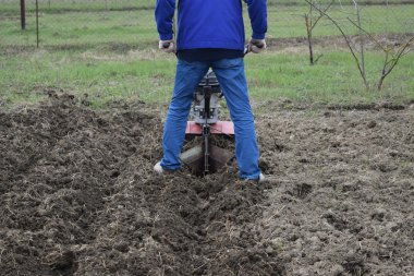 Yürüyüş arka plan traktör altında patates dikim