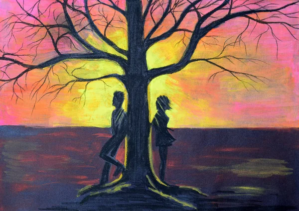 Хлопець Дівчинка Різних Сторонах Дерева Краєвид Заході Сонця Намальований Олівцями — стокове фото