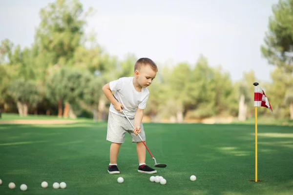 little Boy playing golf and hitting ball by putter on green grass.