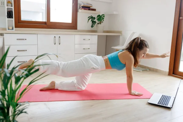 Fit Woman Doing Yoga Plank Watching Online Tutorials Laptop Training — Foto Stock