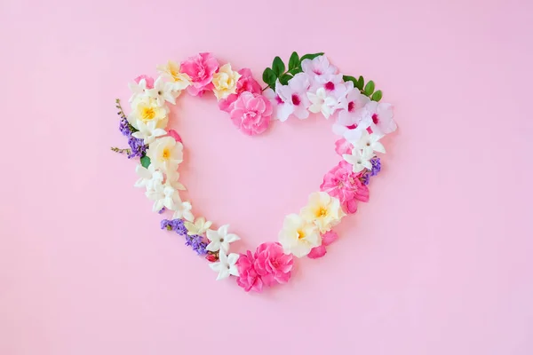 Beautiful Heart Shaped Frame Composition Various Fresh Flowers Pink Background — Stock Photo, Image