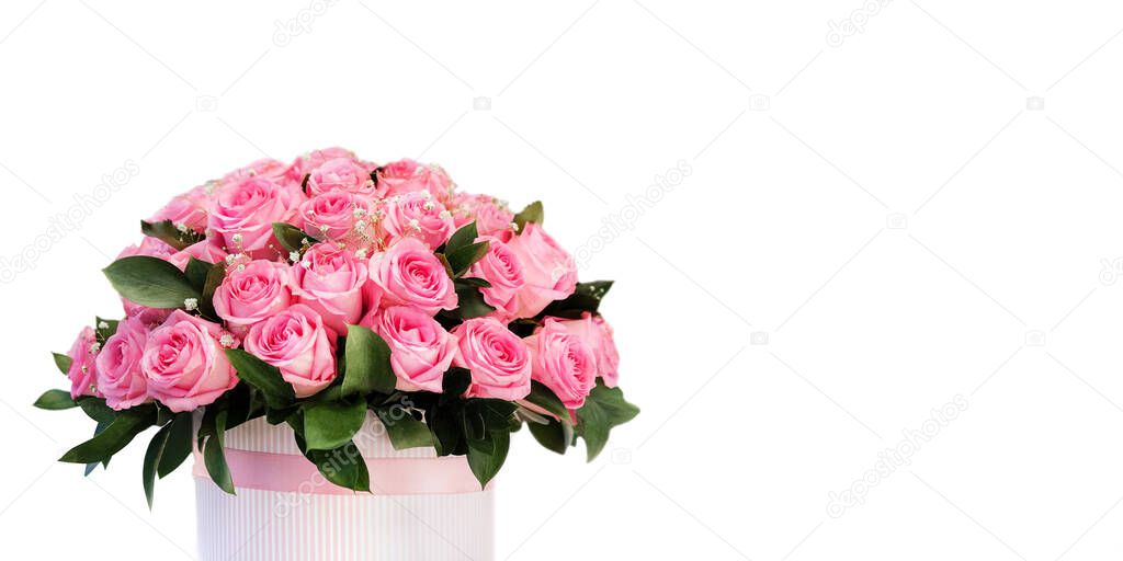 Bouquet of pink roses in the box isolated on white background. Congratulations on March 8, Valentines Day, Mothers Day, Birthday, Anniversary, Wedding, Teachers Day, to women. Copy space