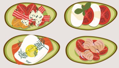 Kahvaltı menüsü vektör tasarımı. Kahvaltı zamanı konsepti. Yağda yumurta, pastırma, domates, somon, mozzarella ve avokado ile sağlıklı bir kahvaltı. Yazdırma, menü tasarım unsurları için resim. Keto gücü.