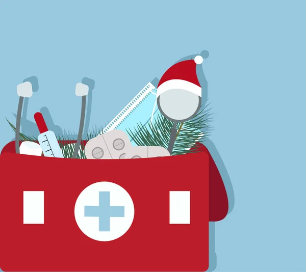 Natal Kit Primeiros Socorros Com Medicamentos Saco Vermelho Fundo Azul —  Vetores de Stock