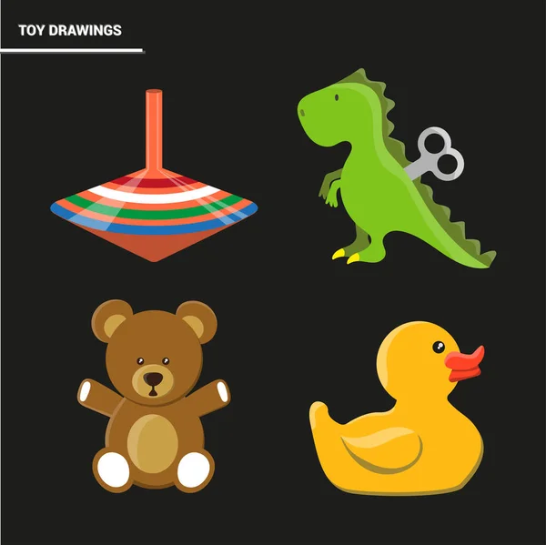 矢量图像 儿童玩具绘图 玩具与旋转的顶部 泰迪熊和橡胶鸭 给孩子们的画不错 — 图库矢量图片