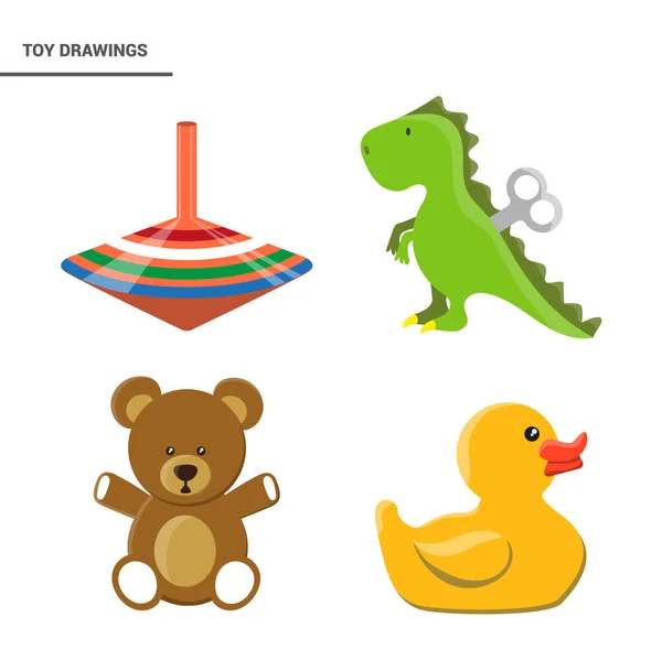 矢量图像 儿童玩具绘图 玩具与旋转的顶部 泰迪熊和橡胶鸭 给孩子们的画不错 — 图库矢量图片