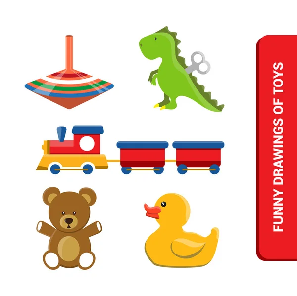 矢量图像 儿童玩具绘图 玩具与旋转的顶部 玩具熊 橡胶鸭和火车 给孩子们的画不错 — 图库矢量图片