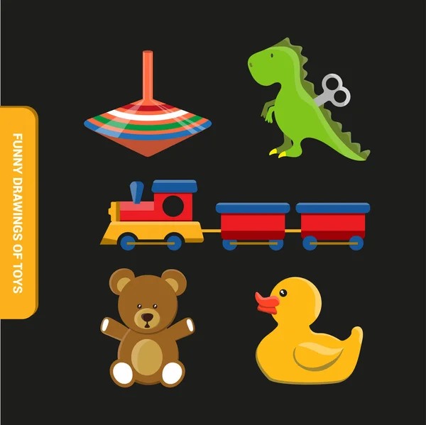 ベクトル画像 子供のおもちゃの絵 回転するトップ テディベア ゴム製のアヒルや電車とおもちゃ 子供のための素敵な図面 — ストックベクタ