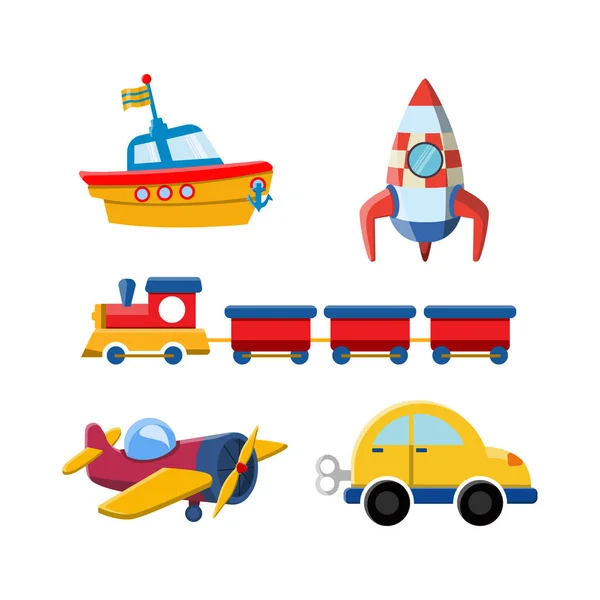 矢量图像 收集儿童玩具的图纸 运输玩具 火车和玩具船 — 图库矢量图片
