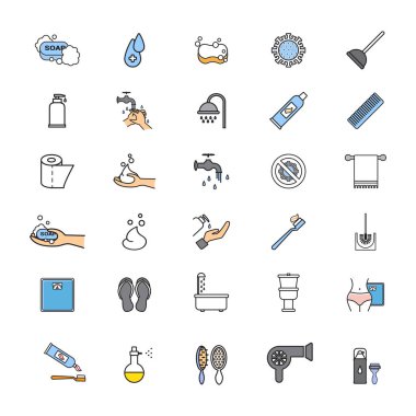 Kişisel hijyen ve banyonun komik ikonları. Satır simgeleri.